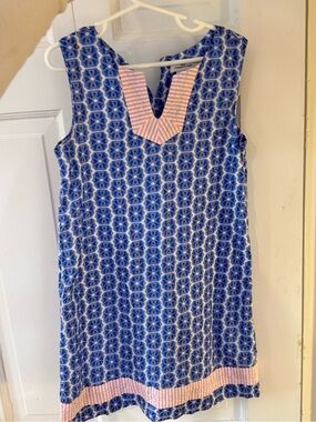Vineyard Vines Blue Patterned Shift Dress with Pink Trim Girls Size 7